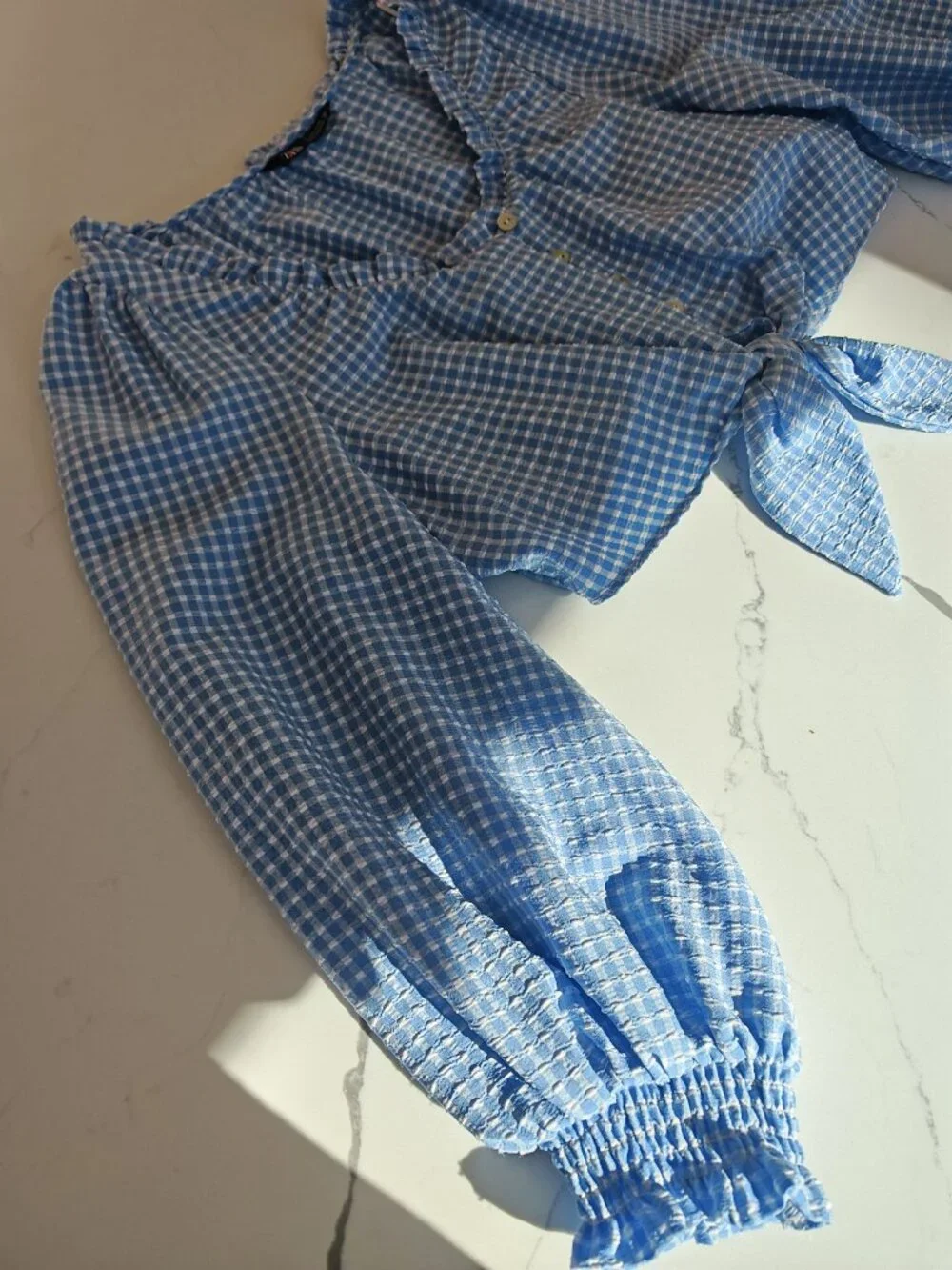 Zara Gingham Tie Front Top L | Blue Puff Sleeve Cottagecore Crop Blouse